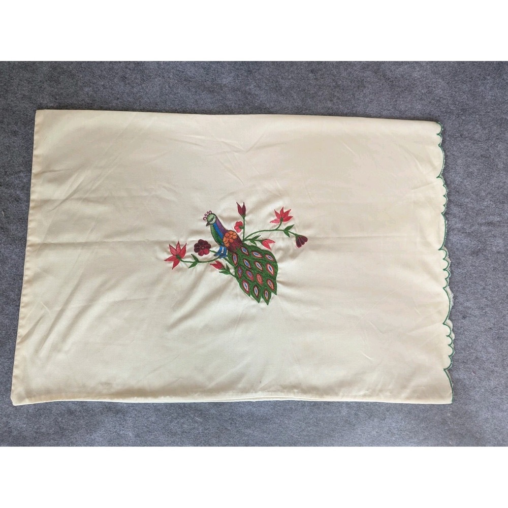 Pillow Sham Case Peacock Embroidered Ivory Scalloped Open Edge 18.5x27